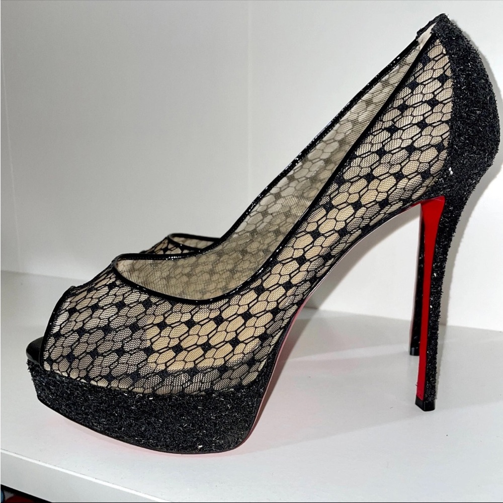 Christian Louboutin Platform Peep Toe Lace Patent Leather